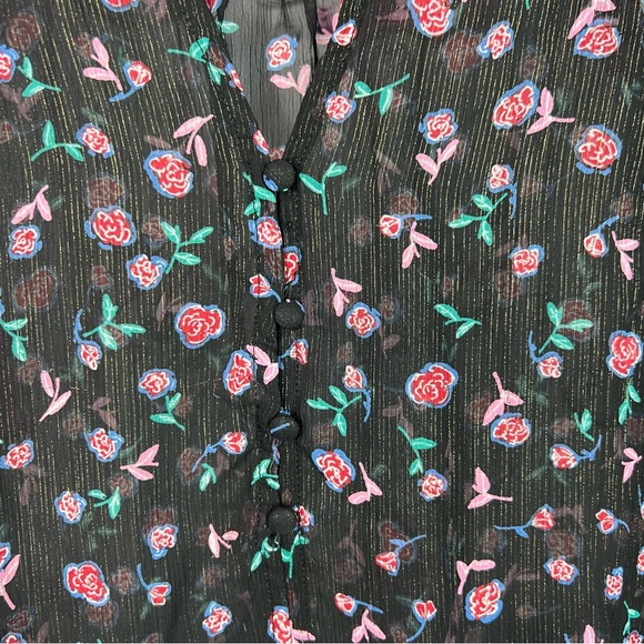 Zara top long sleeve roses pink green Black Floral Sheer Blouse - Picture 6 of 7